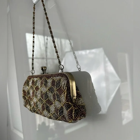 NWT MONI Couture Beaded Olive Green Amber Brown Formal Clutch With Bronze Accent - Picture 4 of 15